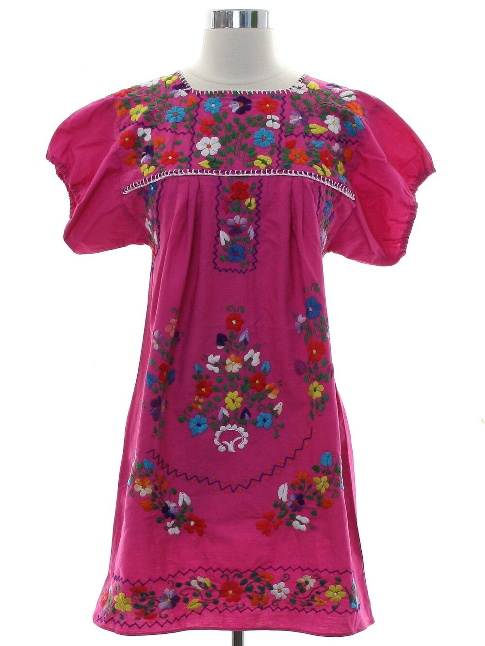 Vintage 80s Pink Embroidered Mexican Peasant Mini Dress Floral Women's Medium
